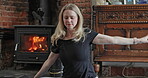 Stretching, yoga and balance with woman in living room for mental health, spiritual and fitness. Zen, meditation and relax with female person at home for energy, floor workout and mindfulness 