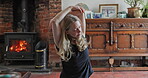 Fitness, yoga and peace with woman in living room for mental health, spiritual and stretching. Zen, meditation and balance with female person at home for energy, floor workout and mindfulness 