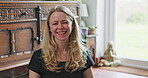Smile, laughing and portrait of woman yoga instructor happy for mindfulness, peace and exercise in a home or apartment. Funny, joke and person with positive mindset after wellness workout in a house