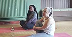 Fitness, yoga and a group of people in a class for health, wellness or awareness of inner peace and balance. Diversity, exercise or pilates training with men and women waiting to start their workout