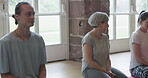 Yoga, relax and fitness with people in studio for meditation, health and workout. Wellness, spiritual and exercise with group of friends in class for pilates, mindfulness and holistic healing