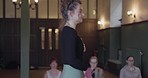 Personal trainer, yoga class meditation and people exercise, spiritual balance pose or healing chakra aura. Peace, relax pilates and coach teaching group, training or coaching mindfulness workout