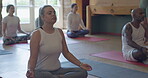 People, yoga class and lotus, meditation or holistic wellness, training and breathing exercise with coach. Mindfulness, peace and calm fitness group or clients with spiritual and zen personal trainer