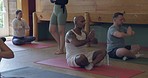 Coach, yoga class and people meditate, exercise calm spiritual balance and healing chakra, aura or soul. Peace, relax pilates and yogi teaching group wellness, zen mindset care or mindfulness workout
