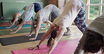 People in yoga class, downward dog and fitness with wellness, active and stretching body with flexibility. Exercise, group workout and performance, commitment and community with health and pilates
