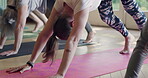 Yoga class, stretching and downward group with for health and wellness or holistic exercise. Women together at sport club for breathing, workout and energy or healthy body and muscle relax on mat