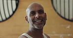Face, yoga and happy man in gym for training, workout and exercise for healthy body. Portrait, yogi and Indian person, coach or personal trainer in class for meditation, holistic wellness and fitness