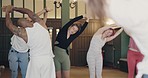 Stretching, group and pilates with balance, workout and fitness warm up in a yoga studio or gym class. Wellness, mindfulness and people with health and spiritual exercise with peace and relax