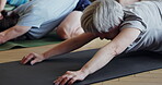 Yoga class, fitness and stretching, people workout together and health, wellness at exercise studio. Pilates, healing and active group with training in sportswear, healthy body and physical activity
