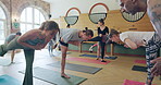 Stretching, yoga and coaching with people in class for fitness, meditation and mindfulness. Peace, wellness and learning with instructor in pilates studio for balance, workout and energy exercise
