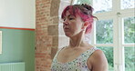 Yoga, fitness and woman breathing, workout and health with wellness, balance and zen at exercise studio. Pilates, healing and active with training in sportswear, healthy body and physical activity