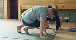 Yoga, learning and teacher with people in studio for coaching, flexibility or stretching. Meditation, spiritual and mindfulness with instructor helping client in class for workout, health or wellness
