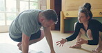 Yoga, fitness and coaching with people in studio for teacher, flexibility or stretching. Meditation, spiritual and mindfulness with instructor helping client in class for workout, health and wellness