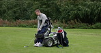 Golf, sports and man with disability, driver and match or paragolfer, game and challenge or ready. Male person, club and fitness or exercise in outdoors, course and training or practice, play on lawn