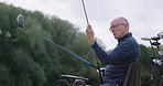 Mobility scooter, golf and senior man on course for playing game, competition and practice. Sports, golfer and elderly person with disability outdoors with golfing club, driver and ball for training