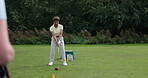 Woman, golf course and swing stroke shot on grass for 
competition practice, lesson or field hobby. Female person, coach and club play for ball score or outdoor game kit, skill helping on summer lawn