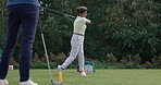 Woman, stroke and driver for golf, sports and competition on grass, challenge and tournament. Female person, athlete and ready for game, practice and hobby or recreation, action and equipment at club