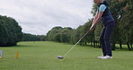 Woman, golf course and stroke with club, swinging and golfing for ball, fitness and exercise. Countryside, grass and game for training, outdoor and recreation for hobby, playing and sport technique