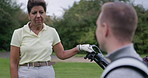 Golf course, conversation and friends at field for sport, competition or match outdoor on grass. Golfers, team chat and people in communication, game player and healthy exercise, fitness and summer