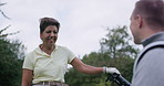 People, conversation and golf on course, sports and smile or positive mindset for match. Mature woman, man and communication and discussion in outdoors, course and tournament or competition at club