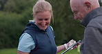 People, communication and golf or driver, lesson and course or positive mindset for match. Senior man, woman and conversation and discussion in outdoors, course and tournament or competition at club