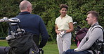 Golf course, sports people and friends in conversation outdoor at field on grass. Team, golfers and group chat at game, match and competition, summer exercise and health in nature together at club