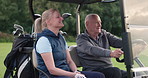 Happy, couple and drive golf cart on course with senior man and woman chat about nature or countryside. People, smile and elderly golfer relax in kart on lawn in retirement, vacation or holiday