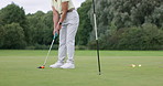 Woman, stroke and training for golf, fitness and course in outdoors, practice and performance or exercise. Partnership, hug and celebration for sports, recreation and workout or exercise, fun or legs