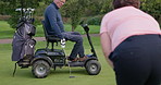 Wheelchair, golf course and senior man with coach for playing game, training and sports. Retirement, golfer club and elderly person with disability and golfing ball for fun, hobby and stroke outdoors