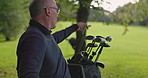 Play, golf and man in a wheelchair with game on lawn, grass field or course for fun. Sports, training and person with a disability in countryside aim, stroke and hit s ball with club in summer