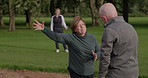 Teaching, senior or man playing golf for fitness, workout or swing exercise with coach on course. Stroke, golfing instructor or elderly player training in sports game learning with club in retirement