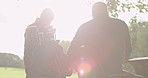 Friends, golf course and senior men in morning playing game, training and competition for recreation. Sports, golfer and person with disability with golfing club, ball and sunshine for fun hobby