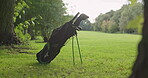 Golf club, sport and course or recreation, lawn and outdoors or game, performance and equipment. practice and activity or exercise, mockup and nature or caddy, kit and bag for leisure, grass or hobby