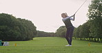 Woman, stroke and training for golf, recreation and lawn in outdoors, practice and performance or fitness. Coach, athlete and lesson or advice, exercise and practice a technique, teaching and helping