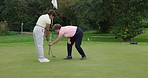 Golf, coach and training woman in sport with club, stroke or swing with stick on course, grass field and lawn. Personal trainer, teaching or person with help, support and guide to play in game