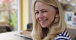 Woman, face and cellphone and typing in home for happy conversation, social media post or connection. Female person, mobile and smile in morning for network meme or internet comedy, reading or chat
