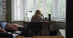 Woman, office and work home at desk back view as freelancer remote job, online connection for project. Female person, coffee and research planning for copy writing entrepreneur, digital as editor