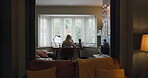 Woman, coffee and freelance work at desk or laptop back view for remote career, online connection at home. Female person, project and research or copy writing entrepreneur, editor email at window