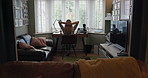 Woman, arms and relaxing in home office with back view for success for research, result or communication. Female entrepreneur, creative and employee with hand on head for peace, calm and wellness