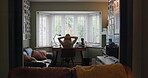 Woman, desk and home office for remote work freelance copywriter, research online or article reading. Female person, table and house for report feedback for apartment career, web startup or thinking