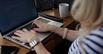 Hands, laptop and remote work with a freelance author closeup in a home office, working on creative literature. Desk, computer or internet with a writer person typing in an apartment for storytelling