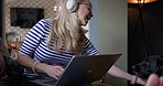Laptop music, dog and woman talking, speaking and chat with animal care, wellness and streaming radio network. Headphones, home remote work and person typing report, freelance project and pet canine