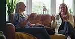 Coffee cup, relax friends or happy people speaking, conversation, talk in morning chat, communication or discussion. Pet dog, wellness drink or home women consulting, gossip and listen to funny story
