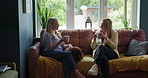 Coffee cup, home friends and women conversation, talking and speaking in morning chat, communication or discussion. Social, living room couch and relax people drink caffeine, gossip and share news