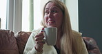 Coffee cup, friends communication and face of women listening to funny conversation, comedy discussion or story. Living room couch, morning wellness and people relax, leisure and talking together