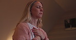 Home, prayer and woman with faith, hands on chest and religion with worship, hope and guidance. Person, apartment or Christian with gratitude, support and help with solution, speaking to God or peace