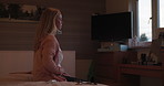 Breathing, relax and woman with hands on stomach for stress free slow meditation exercise. Peaceful, breathe and closeup of mature female person from Canada with body balance at modern apartment.