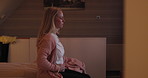 Breathing, calm and woman with hands on belly for stress free slow meditation exercise. Peaceful, breathe and closeup of mature female person from Canada with body balance at modern apartment.