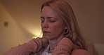 Night, anxiety or pressure and a woman in the bedroom of her home feeling exhausted with insomnia. Face, mental health or stree and a tired or sleepless person sitting on a bed in an apartment