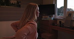 Woman, back pain and injury on bed in bedroom with osteoporosis, spine problem or medical risk at home. Healthcare, person and health crisis with backache or discomfort from bad posture or tension